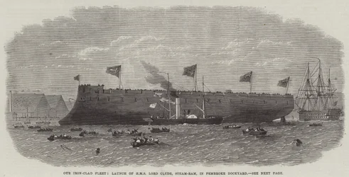 La nostra flotta corazzata, varo della HMS Lord Clyde, Steam-Ram, nel cantiere navale di Pembroke