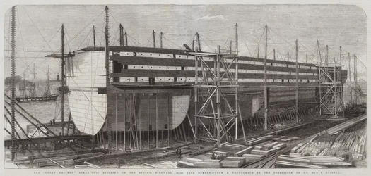 La costruzione della nave a vapore Great Eastern sugli scali, Millwall, 22.500 tonnellate di stazza