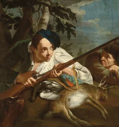 Cacciatori che riposano con selvaggina morta in un paesaggio boschivo, c.1705-84