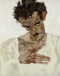 Autoritratto a testa bassa. Dipinto di Egon Schiele (1890-1918), olio su legno