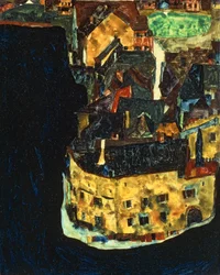Città sul fiume Azzurro II ... (olio e gouache su tavola)