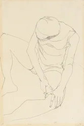 Nudo femminile piegato in avanti, entrambe le mani sulla coscia sinistra, 1913