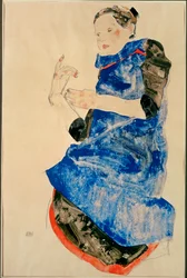 Ragazza con grembiule blu (acquerello e matita)
