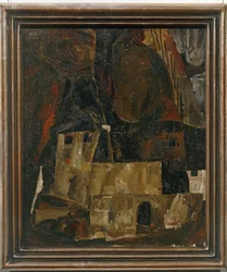 Haus und Mauer vor hügeligem Gelände - Casa e muro di fronte a un paesaggio collinare ...