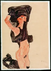 Ragazza inginocchiata che si spoglia (gouache, acquerello e matita)