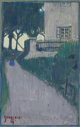 Paesaggio con casa, alberi e figura femminile