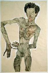 Nudo maschile (Autoritratto). Disegno di Egon Schiele (1890-1918), 1910. Dimensioni: 55,7 x 36,8 cm. Vienna, Graphische Sammlung Albertina