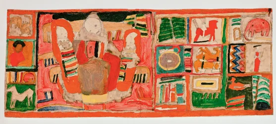 Madre con bambini, nei campi laterali giocattoli... (gouache e matita su cartone)