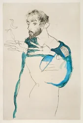 Il pittore Gustav Klimt con il suo camice blu da pittore (guazzo e matita)