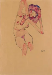 Nudo femminile seduto con testa china e braccia alzate
