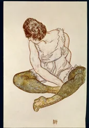 Donna seduta con calze verdi ... (acquerello e pastello nero)
