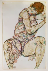Donna seduta con la mano sinistra tra i capelli (gouache e matita)