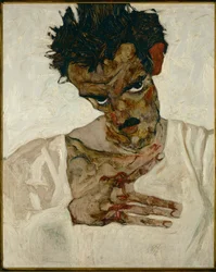 Autoritratto con testa abbassata- Egon Schiele, Autoritratto con testa piegata (olio su tavola)
