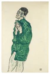 Autoritratto in camicia verde con occhi chiusi, 1914