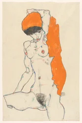 Nudo in piedi con drappo arancione