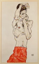 Nudo maschile in piedi con perizoma rosso (gouache, acquerello e matita)
