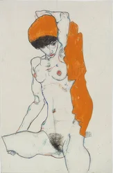 Nudo in piedi con drappo arancione
