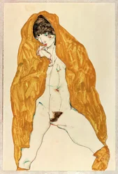 Nudo in piedi con gambe aperte e scialle giallo-marrone