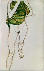 Torso che cammina in camicia verde (gouache, acquerello e matita)