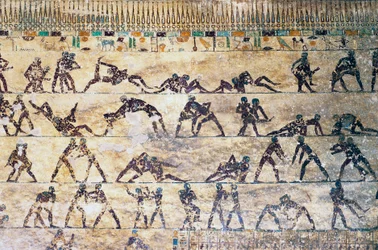 Scene di lotta, pittura murale, tomba di Kethi, Necropoli di Beni Hasan, Egitto, civiltà egizia, Medio Regno, XII dinastia