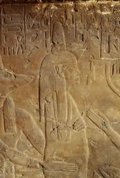 Anubi che tiene la mummia, rilievo dalla tomba di Maia, nutrice di Tutankhamon, Saqqara, Egitto, Civiltà egizia, Nuovo Regno, XVIII dinastia, (dettaglio)
