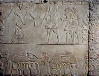Disposizione del cibo nei magazzini, rilievo murale in calcare, dalla tomba memfita di Horemheb a Saqqara, Civiltà Egizia, Nuovo Regno, Dinastia XVIII