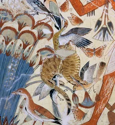 Dettaglio di un gatto, dalla caccia di Nebamun nelle paludi con sua moglie e sua figlia, parte di una pittura murale della cappella funeraria di Nebamun, Tebe, Nuovo Regno, ca. 1350 a.C.