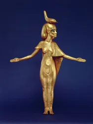 (dettaglio) della dea Selket dal santuario canopico, dalla Tomba di Tutankhamon (c.1370-1352 a.C.) Nuovo Regno (legno dorato)