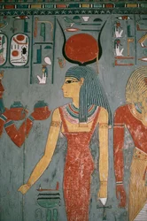 Egitto, Antica Tebe, Luxor, Valle dei Re, Tomba di Horemheb, dipinto murale che raffigura la dea Iside, Nuovo Regno, Dinastia XVIII