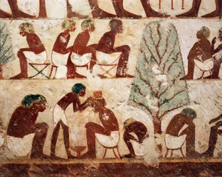 Egitto, Luxor, Tebe Ovest, Sheik el Gurnak. Tomba di Usirhat, barbiere, dettagli da affresco