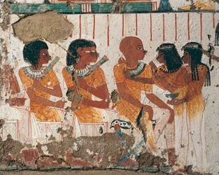 Egitto, Tebe Ovest Necropoli di Assassif, Tomba di Nenamon e Ipuki. Affresco che raffigura offerte di collane ai defunti. (Nuovo Regno, Dinastia XVIII)