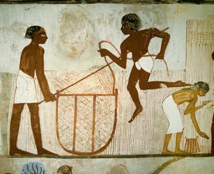 Contadini che trasportano ceste piene di grano (dipinto murale)