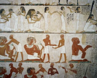 Banchetto funebre con musiciste femminili, donne che si adornano con gioielli, uomini e musicisti, Tomba di Rekhmire, Necropoli di Sheikh Abd el Qurnah, Luxor, Tebe (Lista del Patrimonio Mondiale Unesco)