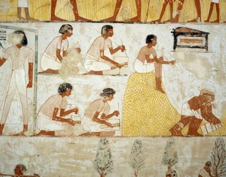 Raccolta del raccolto, trebbiatura e ventilazione del grano (dettaglio), affreschi nel vestibolo della Tomba di Menna, Necropoli di Sheikh Abd el Qurnah, Luxor, Tebe (Lista del Patrimonio Mondiale Unesco)