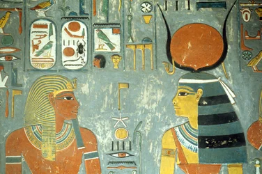 Horemheb e Hathor, dalla Tomba di Horemheb (c.1323-1295 a.C.) Nuovo Regno (pittura murale) (dettaglio)