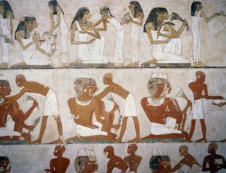 Uomini e donne che indossano gioielli (dettaglio), affreschi nella Tomba di Rekhmire, Necropoli di Sheikh Abd el Qurnah, Luxor, Tebe (Lista del Patrimonio Mondiale Unesco)