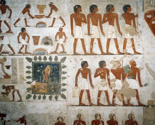 Lavorazione dei metalli e produzione di mattoni (dettaglio), affreschi nella Tomba di Rekhmire, Necropoli di Sheikh Abd el Qurnah, Luxor, Tebe (Lista del Patrimonio Mondiale Unesco)