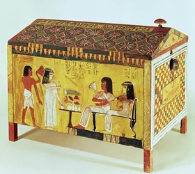 Baule dipinto con una scena di banchetto dalla tomba di Kha (m.c.1390-52 a.C.) trovato a Deir el-Medina, Nuovo Regno