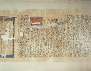 Papiro che raffigura il trasporto del sarcofago su carro trainato da buoi, dal Libro dei Morti di Maiherperi