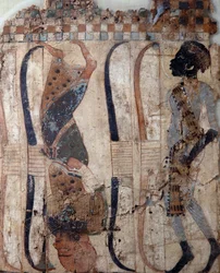 Prigionieri di paesi conquistati, dipinto su materiale dalla Tomba di Tutankhamon, civiltà egizia, Nuovo Regno, XVIII Dinastia, (dettaglio)