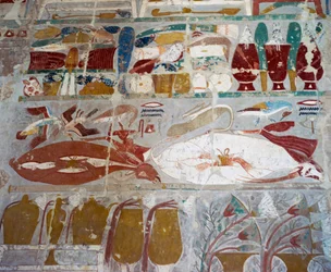 Provviste e ceramiche offerte agli dei dalla Regina Hatshepsut, rilievo dipinto, Cappella di Anubi, Tempio Mortuario della Regina Hatshepsut, noto anche come Djeser-Djeseru, Deir el-Bahri, Tebe. Civiltà egizia, Nuovo Regno, XVIII Dinastia