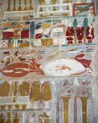 Provviste e ceramiche offerte agli dei dalla regina Hatshepsut, rilievo dipinto, Cappella di Anubi, Tempio funerario della regina Hatshepsut, noto anche come Djeser-Djeseru, Deir el-Bahri, Tebe. Civiltà egizia, Nuovo Regno, XVIII dinastia
