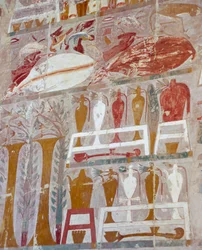 Provviste e ceramiche offerte agli dei dalla regina Hatshepsut, rilievo dipinto, Cappella di Anubi, Tempio funerario della regina Hatshepsut, noto anche come Djeser-Djeseru, Deir el-Bahri, Tebe. Civiltà egizia, Nuovo Regno, XVIII dinastia