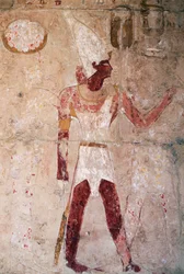 Rilievo che raffigura Thutmose III con corona del Basso Egitto, Tempio funerario della regina Hatshepsut, Deir el-Bahri, necropoli tebana (Lista del Patrimonio Mondiale UNESCO)