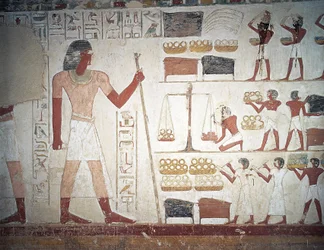 La pesatura del rame, affresco, Tomba di Userhat, tutore e scriba durante il regno di Amenhotep II, conosciuta anche come tomba TT56, Sheikh Abd el-Qurna, Tebe (Lista del Patrimonio Mondiale dell