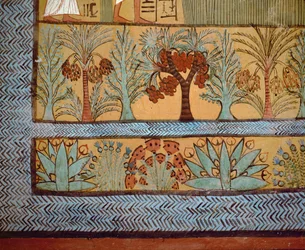 Alberi, cactus e piante in un dipinto religioso della camera tombale a volta di Sennedjem (No