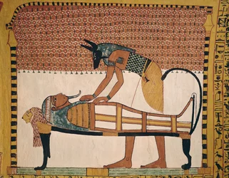 Anubi assiste la mummia di Sennedjem, dalla tomba di Sennedjem, villaggio degli operai, Nuovo Regno (murale)