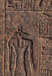 Raffigurazione di Anubi, (dettaglio), iscrizione e rilievo di Anubi e un altro dio, sarcofago di Amenhotep, Menfi (Patrimonio Mondiale dell