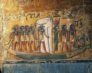 Egitto, Luxor, antica Tebe, Valle dei Re, tomba di Seti I, affreschi raffiguranti una barca solare con dio dalla testa d