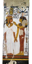 Egitto, Tebe, Luxor, Valle delle Regine, Tomba di Nefertari, pittura murale della dea Iside e della regina su pilastro nella camera funeraria della XIX dinastia